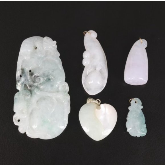 14K Gold Carved Jadeite and Mother-of-Pearl Pendants - Picture 2 of 8